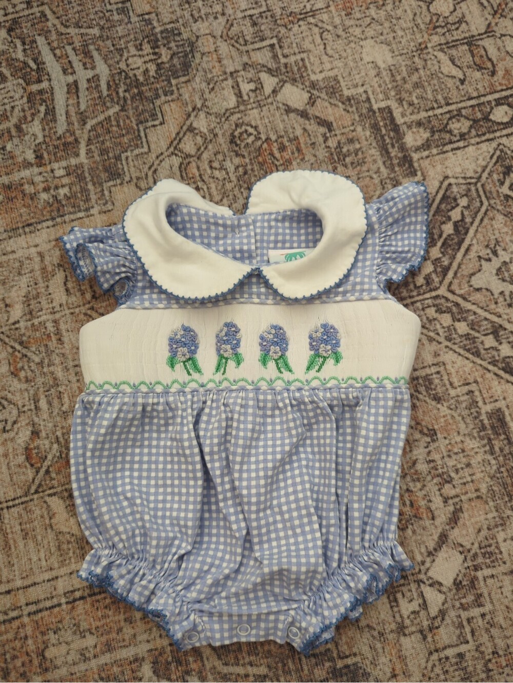 Shrimp & Grits Kids Smocked Hydrangea Gingham Bubble Romper 3M Embroidered